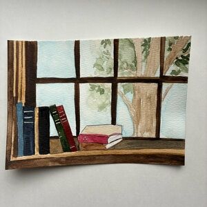 Watercolor Window Sill Painting with Books - Blue, Brown, Green Accents
